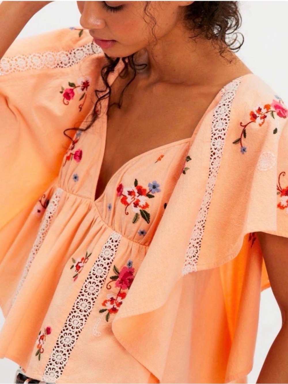 Free People Make Me Yours Embroidered Babydoll Blouse Peach NWT size L